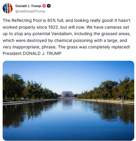 john_kennedy75's tweet photo. 🚨 BEAUTIFUL: Trump says the Lincoln Memorial Reflecting Pool is now 85% full!

The damaged grass has been replaced, and cameras are watching to prevent future vandalism.

America's front yard is looking good again! 🇺🇸 https://t.co/SSRfss7nid