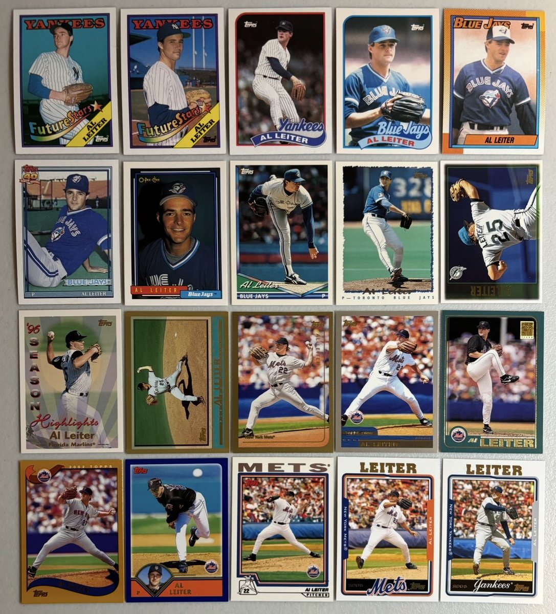BaseCardsRule's tweet photo. Happy 61st birthday Al Leiter. The 2 time All Star won 162 games and has 3 World Series titles (92, 93, 97). He had a no-hitter in 1996 &amp; found success after baseball in broadcasting. Here is a complete run of his Topps base cards including his 1988 error card plus 1992 OPC. https://t.co/g4VGDqUWD3