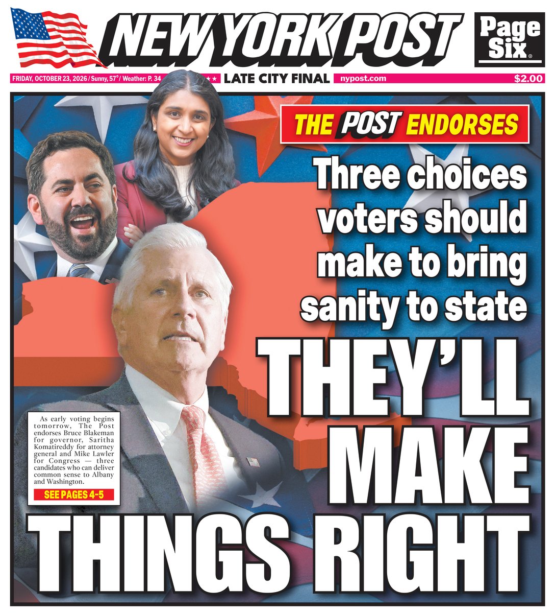 nypost's tweet photo. For real change and a better standard of living, vote Bruce Blakeman over hopeless incumbent Kathy Hochul. Read today's cover here: https://t.co/fy5Elx6leJ https://t.co/uaTBWPrsy0