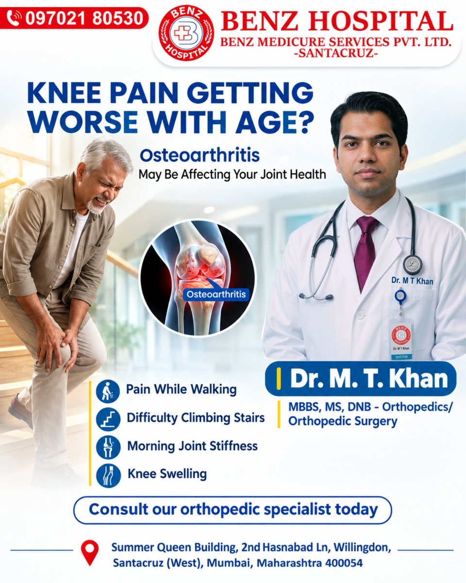 BenzHospital's tweet photo. Knee pain getting worse with age? 🦵 Don’t ignore the signs of Osteoarthritis! Consult Dr. M. T. Khan, Orthopedic Specialist at BENZ HOSPITAL, Santacruz, for expert care and better joint health. 💙

#BenzHospital #BenzMedicure #KneePain #Osteoarthritis #OrthopedicCare https://t.co/DBLdCr6Bqb