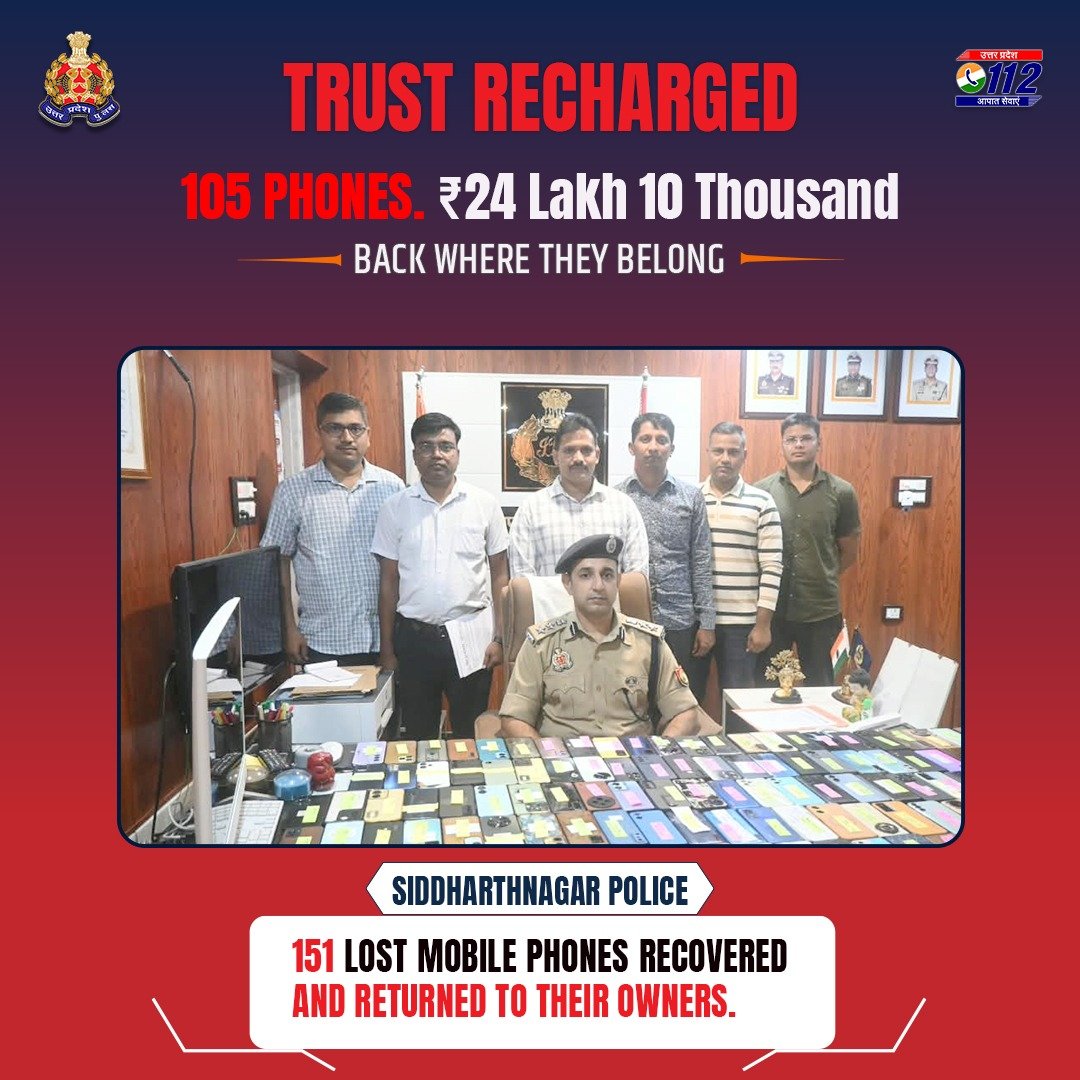 Uppolice's tweet photo. खोए मोबाइल लौटे, चेहरे पर लौटी मुस्कान।        

गुम/खोए हुए मोबाइल फोन की बरामदगी हेतु चलाए जा रहे अभियान के क्रम में @siddharthnagpol की सर्विलांस टीम एवं थानों के CEIR पोर्टल पर नियुक्त कर्मचारियों के अथक प्रयासों से 151 मोबाइल फोन, कीमत लगभग ₹24 लाख, बरामद कर उनके स्वामियों को सुपुर्द किए गए।

गुम हुई वस्तुओं को सही हाथों तक पहुँचाना केवल एक औपचारिकता नहीं, बल्कि जनता की सुरक्षा, सुविधा और भरोसे को मजबूत करने का निरंतर प्रयास है।          

#RingReturn 
#GoodWorkUPP 
#TrustRecharged