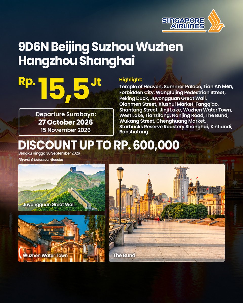 saraarbd's tweet photo. BEIJING–SUZHOU–WUZHEN–HANGZHOU–SHANGHAI 9D6N

Jelajahi Forbidden City, Great Wall, Wuzhen Water Town, West Lake, hingga The Bund. Flight Singapore Airlines. Harga mulai Rp15, 5 juta. Diskon hingga Rp600 ribu. Berangkat Surabaya: 27 Oktober &amp; 15 https://t.co/b653H4zz0q