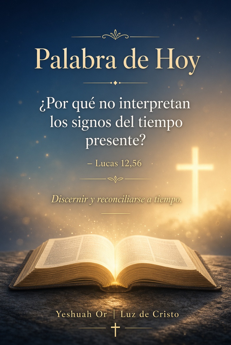 Yoshuah_Or's tweet photo. ✝️ Palabra de Hoy
Evangelio: Lucas 12, 54-59

Jesús nos llama a discernir los signos del tiempo presente
y a no quedarnos solo en lo externo.
“Si saben interpretar el aspecto del cielo y de la tierra,
¿por qué no interpretan entonces los signos del tiempo presente?”

Reflexión:
Hoy el Señor nos invita a mirar con claridad
lo que está sucediendo en nuestro corazón y en nuestras relaciones.
Él nos pide reconciliarnos a tiempo
y vivir con humildad y unidad,
reconociendo Su presencia en lo cotidiano
para ser instrumentos de Su paz.

“Yo soy la luz del mundo” – Juan 8:12  
🙏 Solo en Su Palabra hallarás paz.  
Caminemos juntos en la Luz de Jesús.