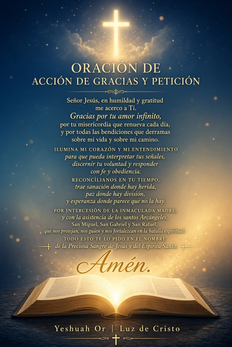 Yoshuah_Or's tweet photo. ✝️ Oración de Hoy

Señor, te agradecemos el regalo de la vida
y la bondad con que nos cuidas cada día.
Declaramos tu grandeza y tu misericordia infinita.

Hoy clamo a ti por todas mis peticiones, mis necesidades y mis angustias.
Dame luz para interpretar los signos de tu presencia
y fortaleza para reconciliarme a tiempo.

Por tu infinita misericordia y amor,
ayúdanos y protégenos.
Que vivamos en unidad y seamos instrumentos de tu paz.

Por la intercesión de Nuestra Madre Inmaculada,
de los santos arcángeles y de todas las cortes celestiales,
en el nombre poderoso de la Sangre de Jesús
y del Espíritu Santo de Dios.
Amén 🙏🏻

🙏 Solo en Su Palabra hallarás paz.  
Caminemos juntos en la Luz de Jesús.