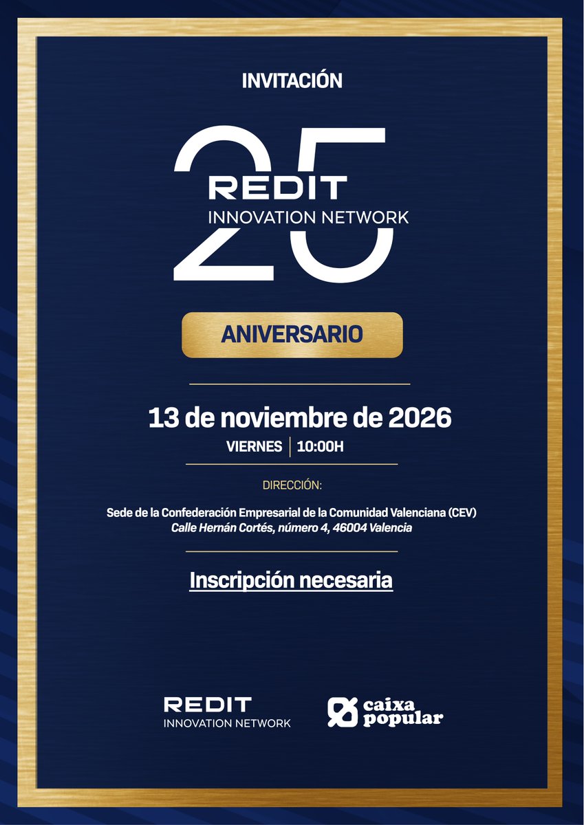 Redit_es's tweet photo. ¡#REDIT cumple 25 años! Te invitamos a acompañarnos en la celebración del 25 aniversario de #REDIT 🎉 El 13/11 a las 10h en @CEV_CV (Hernán Cortés) os esperamos para celebrar el pasado, el presente y, sobre todo, el futuro 📷 Plazas limitadas https://t.co/TJaOJw9gWD
@caixapopular https://t.co/2sd5ulhTeC