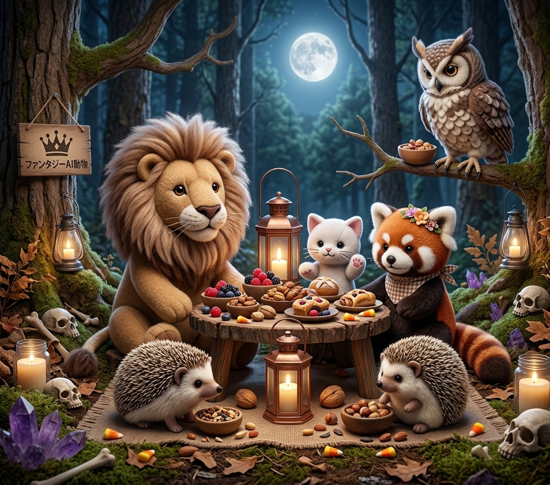 fantasy_ai_pets's tweet photo. 月夜の森でひそかに開かれる、動物たちの秘密のパーティーへようこそ🌕✨

みんなでランタンを囲んで、秋の味覚を分け合い中…🦔🦁レッサーパンダも看板を準備して準備万端です！

どの動物と一緒に過ごしたいですか？😊

#AIart #AIイラスト #ファンタジー #動物イラスト #AIGenerated https://t.co/n2z3M43Cw1