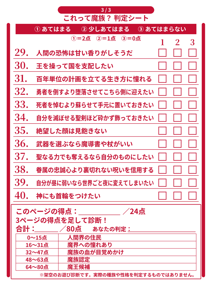 A_R_K_H_E's tweet photo. 本日の配信で使う『これって魔族？』
判定シートはこれだ
貴様らも自由に使ってみろ
#ARKHEWORLD
#魔族判定シート https://t.co/fDYkSukEM4
