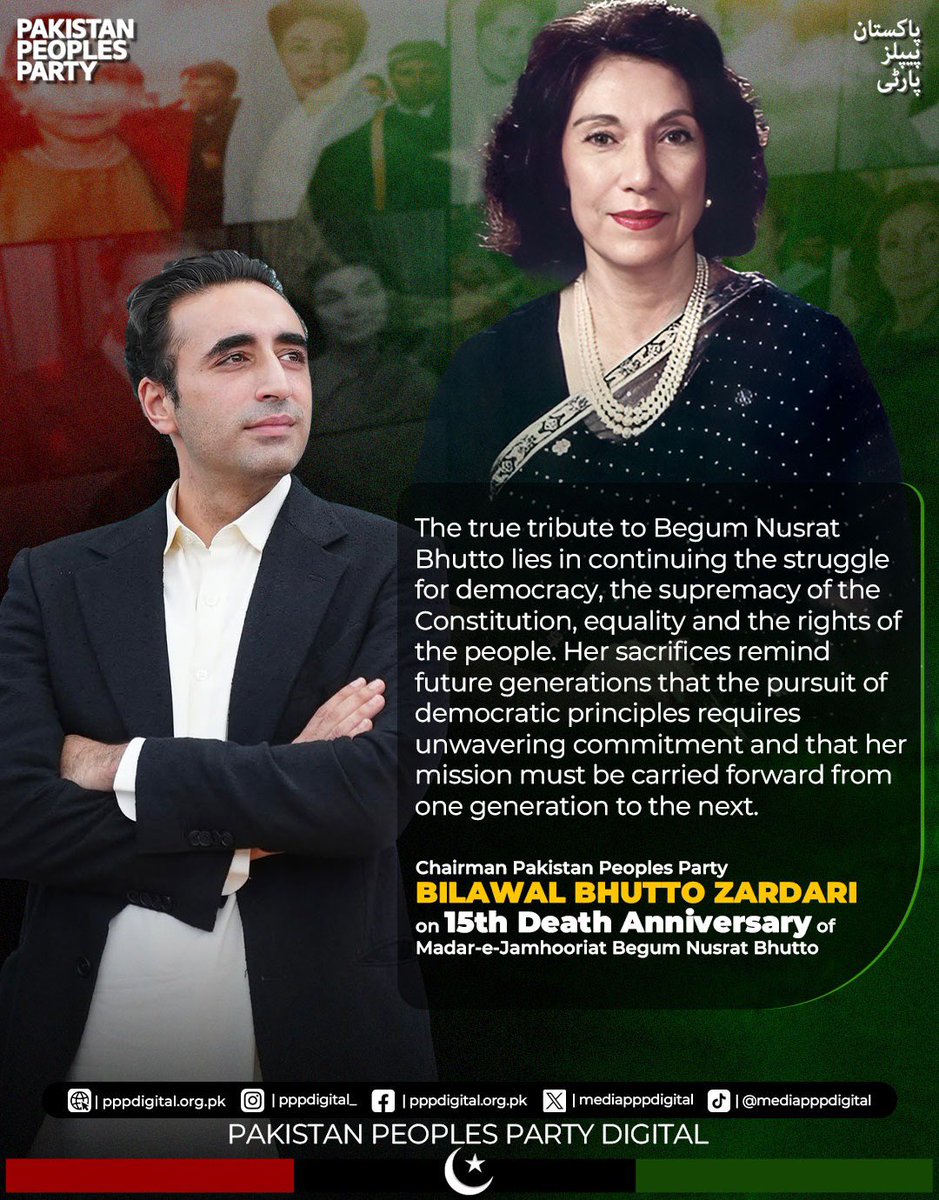 mediapppdigital's tweet photo. Chairman @BBhuttoZardari pays tribute to Madar-e-Jamhooriat Begum Nusrat Bhutto on her 15th death anniversary, remembering her unwavering struggle against dictatorship, her sacrifices for democracy and her enduring commitment to constitutional supremacy and the rights of the people of Pakistan.