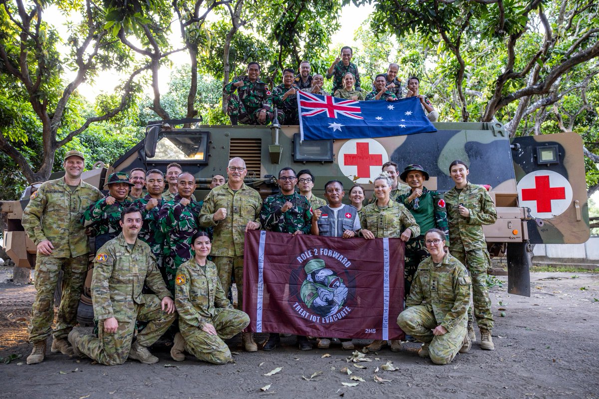 DefenceAust's tweet photo. Battlefield medicine in action 🇦🇺 🇮🇩

Australian and Indonesian military medical personnel put their skills to the test during a casualty treatment demonstration as part of Exercise Keris Woomera 26 in East Java.   

From extracting a casualty from a Protected Mobility Vehicle - Ambulance, to triage, emergency treatment, simulated surgery and evacuation planning, the activity showcased how Role 2 Forward teams deliver critical care in demanding field conditions.

Led by personnel from 2nd Health Battalion, 3rd Health Battalion and Maritime Operational Health Unit, the demonstration highlighted the close cooperation and interoperability between the ADF and Indonesian Armed Forces (@Puspen_TNI).

Exercise Keris Woomera 26 brought together more than 2,200 personnel from both nations, strengthening readiness and partnerships through shared training.

#YourADF #KerisWoomera