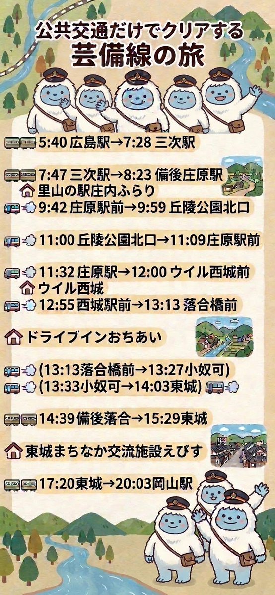 sato_eki's tweet photo. 自家用車じゃないと1日で終わらない旨のポストを散見したので私が実際に公共交通のみでクリアしたルートを置いておきます

ドライブインおちあいで食事する時間もしっかりあります(営業していれば😭)

ドライブインおちあいに寄らなくてもいい人はそのままバスを乗り通せば14時頃には東城に着けます https://t.co/pbZCQ3k5Qw