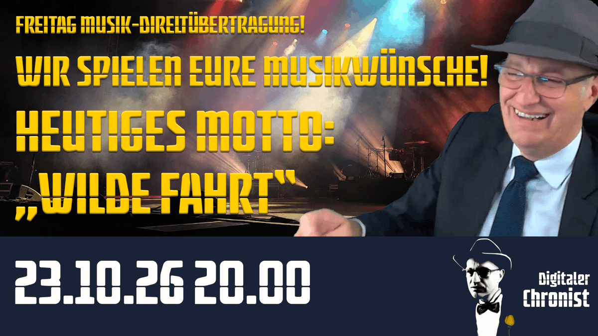 DigitalerC's tweet photo. Liebe Zuschauer, heute, 20.00 Uhr, Freitag Musik-DÜ! • „Wilde Fahrt“ • Wir spielen Eure Musikwünsche!

NEU!!!

Wir haben eine eigene Seite erstellt, in der Ihr Eure Wünsche eintragen könnt. Ohne Anmeldung oder Registrierung!

https://t.co/aWuv5jJeMH

Ab Beginn der Musik-Direktübertragung können die Musikwünsche eingereicht werden.

Euer Thomas

https://t.co/9FeXmLsMRX