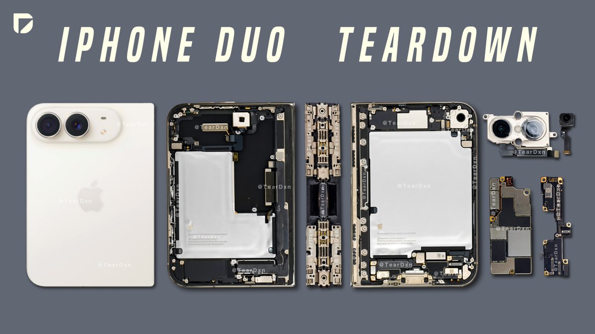Techtaclee's tweet photo. New Video: iPhone Duo TEARDOWN - Display Crease, Hinges, Motherboard, Camera &amp; Full Internal Breakdown!
.
Video Link: https://t.co/wO1xulFp53
.
#iPhoneDuo #TEardown #TearDxn #iPhone #Apple https://t.co/pM8jS84cBG