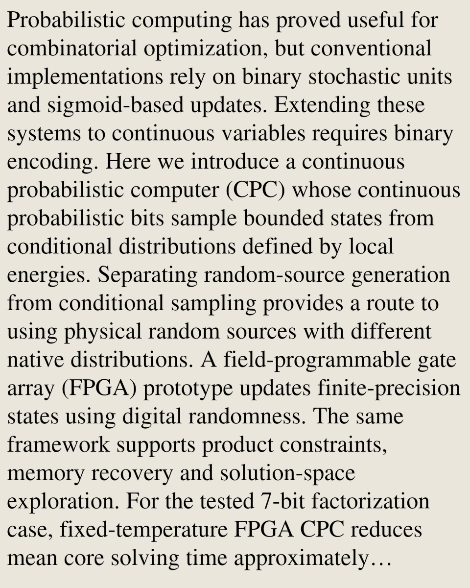 TAL's tweet photo. First hardware demonstration of a continuous-state probabilistic computer with programmable energy-defined sampling

Chao Fang, Hsuan Yao Tu, Yihan He, Xiao Gong, Chin-Fu Nien, Gengchiau Liang
https://t.co/44uUI6lbU4 [𝚌𝚜.𝙽𝙴 𝚌𝚜.𝙴𝚃] https://t.co/tF0nmpyTmB