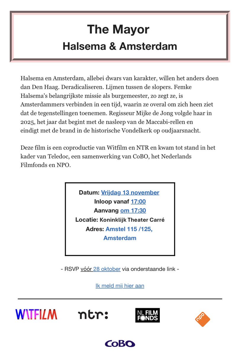 Martinbosma_pvv's tweet photo. Netwerkcorruptie. De NPO wordt geleid door Jet de Ranitz - van PRO.

De NPO komt nu met een schaamteloze propagandafilm over Femke Halsema - eveneens van PRO. 
De NPO heeft ook Carré afgehuurd om te dienen als kathedraal. Voor de heiligverklaring. https://t.co/zYbDETc1tv