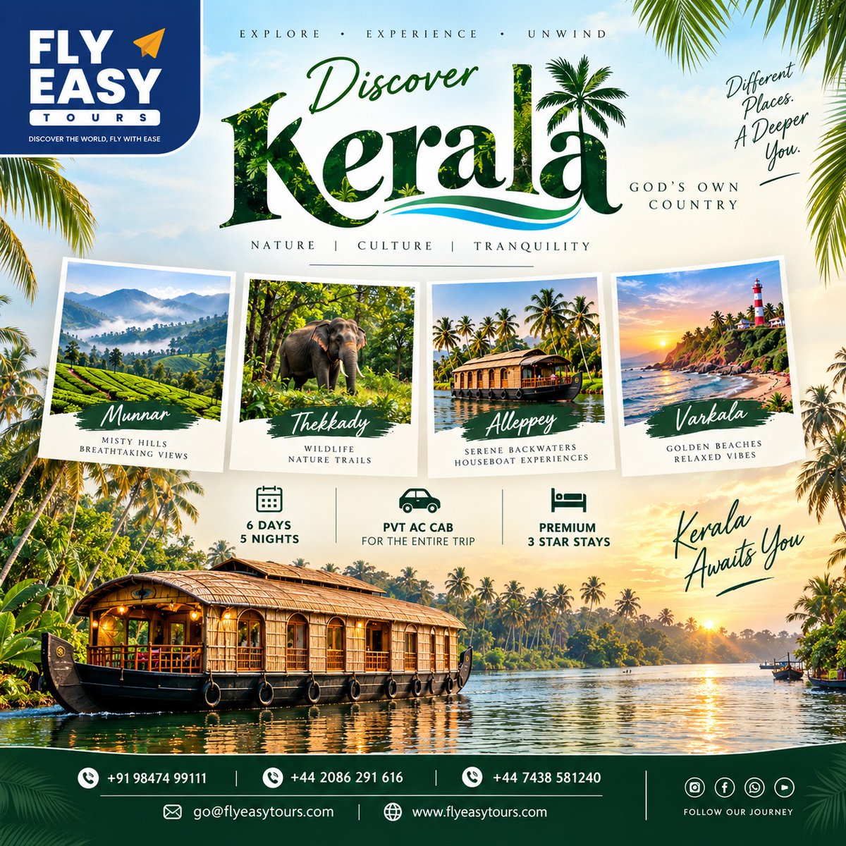 ClaCamilly's tweet photo. Kerala is calling. Explore Munnar, Thekkady, Alleppey and Varkala in 6 days and 5 nights with private AC transport and premium 3-star stays. Hills, wildlife, backwaters and beaches in one unforgettable escape. https://t.co/mLMHUFfT3A