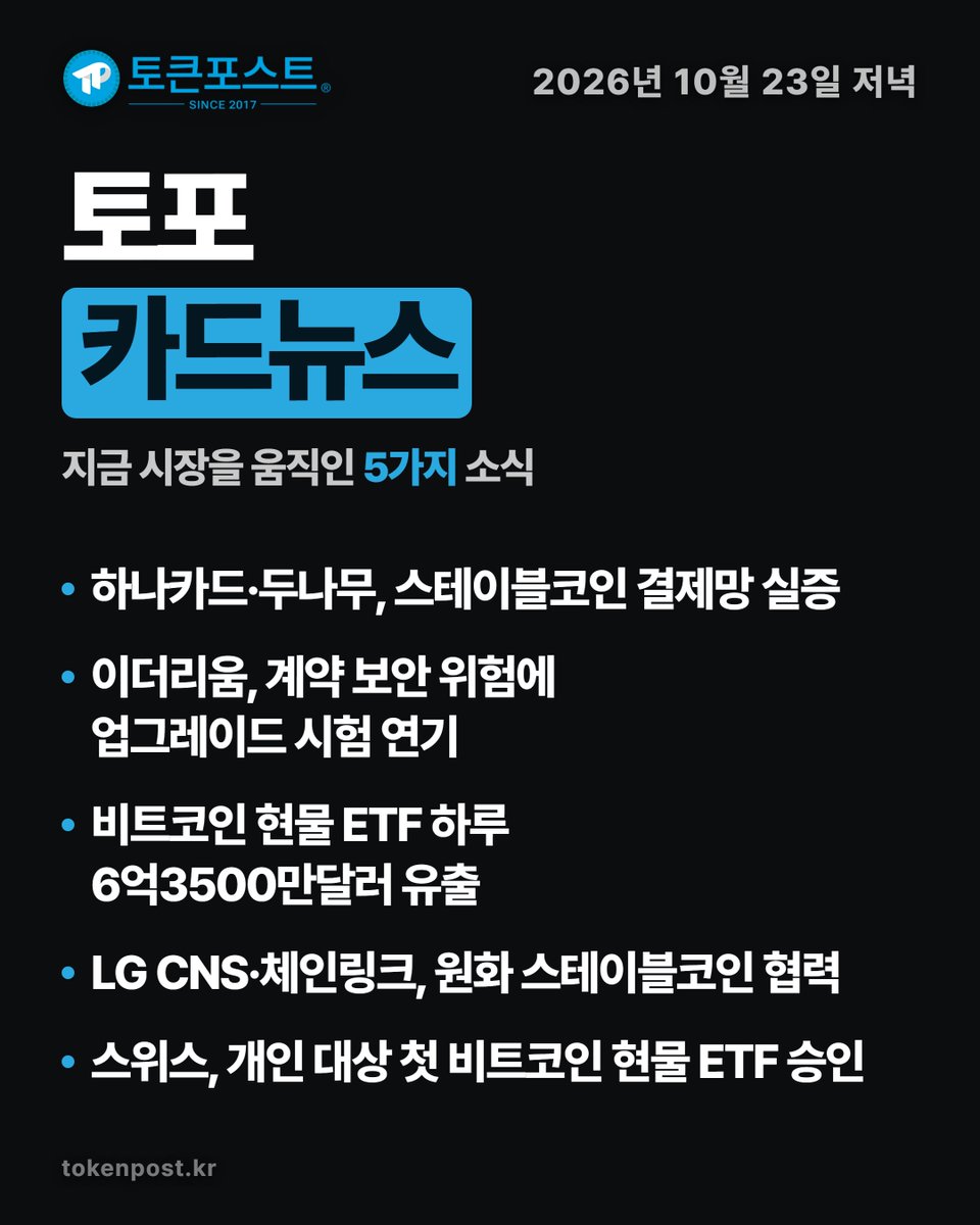 tokenpostkr's tweet photo. [토포 카드뉴스] 비트코인 ETF, 6억3500만달러 순유출_20261023

#토큰포스트 #카드뉴스 #20261023 #암호화폐 #크립토뉴스 https://t.co/wcELMSoNMA