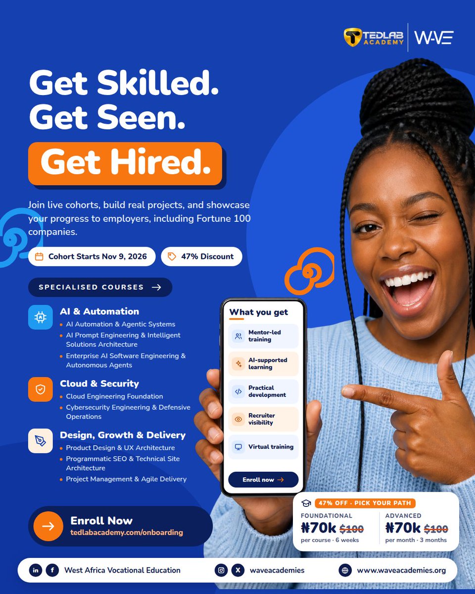 waveacademies's tweet photo. Your dream job is calling. Are you ready?🚀

The tech industry is full of opportunities for people who can turn their skills into solutions. Now is your chance to build yours.

WAVE has partnered with TEDLAB Academy to help you get there with specialised training designed to https://t.co/CYoCUeZimi