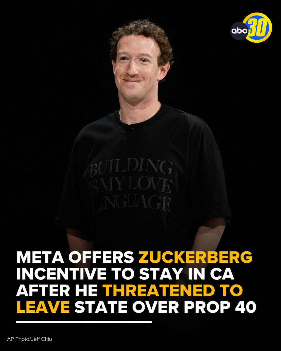 ABC30's tweet photo. Meta announced this week that it will give Zuckerberg a financial incentive to keep leading the company from California for the next eight years.  https://t.co/l400X60Hzu https://t.co/YUomiC1M8j