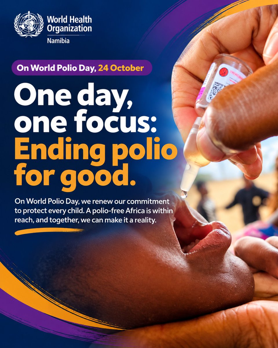 WHONAMIBIA's tweet photo. One day. One focus. Ending polio for good.

On 24 October, WHO Namibia renews its commitment to protecting every child through vaccination. Together, let’s build a polio-free future.

#WorldPolioDay #EndPolio https://t.co/cpEBvR211k