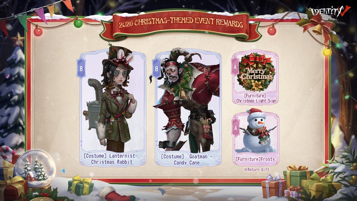 GameIdentityV's tweet photo. Dear Visitors,
Get ready for a magical Christmas in Identity V! 🎄✨
On December 17, Magician's A Costume and new Furniture will arrive in the Shop! Enjoy the public map with your friends together this winter~
#IdentityV #Christmas https://t.co/jpodZ2QCvP
