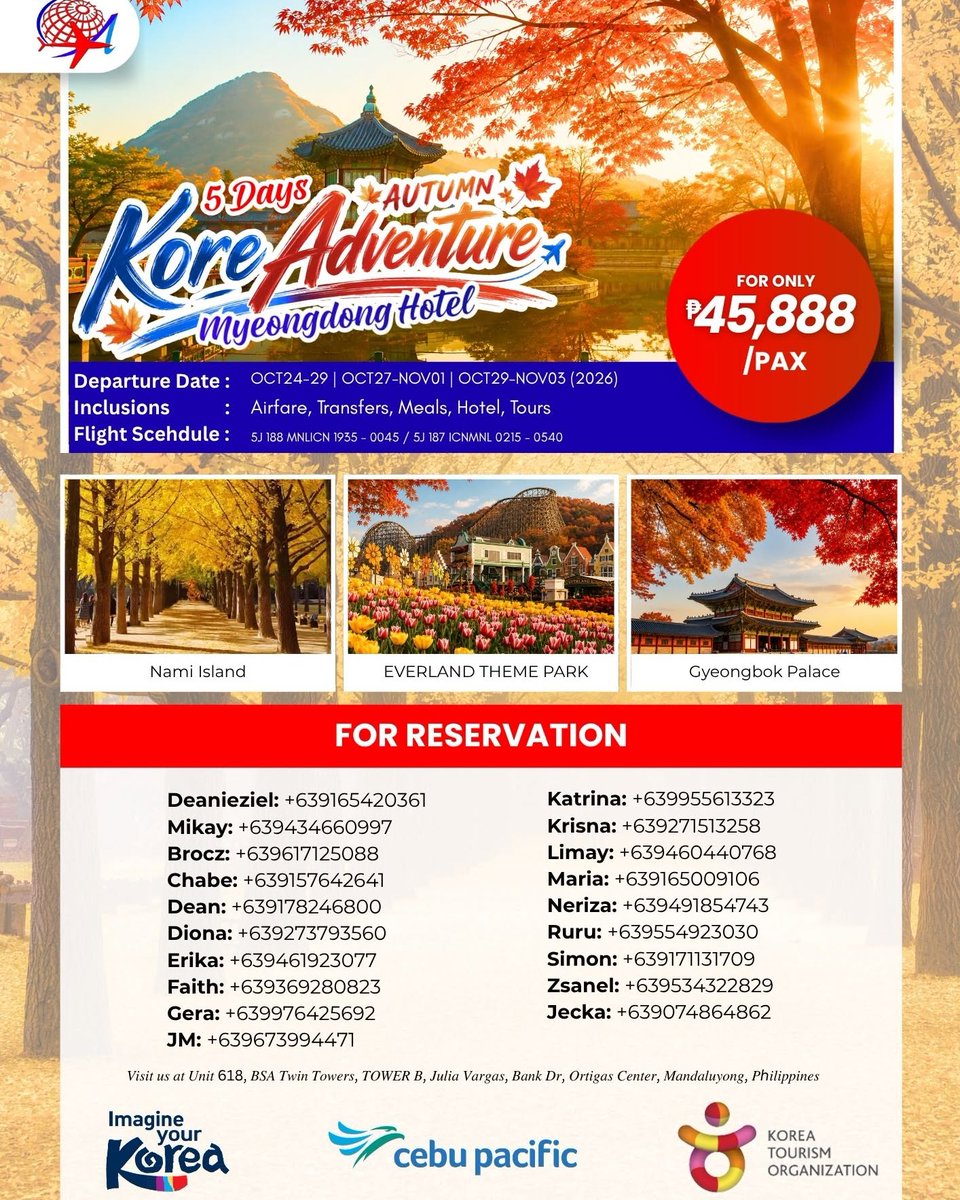 chicoalan14's tweet photo. Fall in love with Korea this autumn. Enjoy a 5-day KOREAdventure from ₱45, 888 per person, featuring Nami Island, Everland, Seoul attractions, Hanbok, Kimbap-making, airfare, hotels, meals, and transfers. Limited 2026 dates available. https://t.co/NuY0PBfLtU