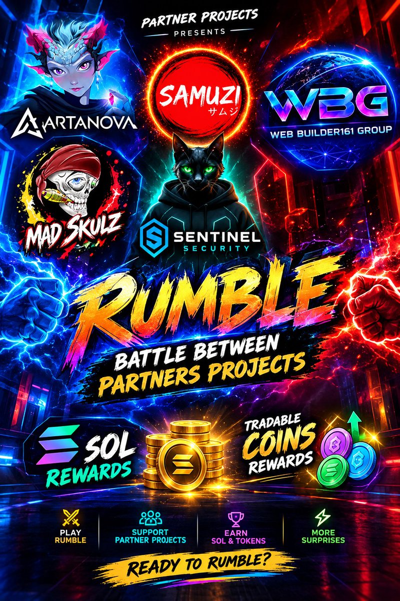 ArtanovaN92268's tweet photo. 🔥 PARTNER PROJECTS RUMBLE BATTLE 🔥

5 PROJECTS • 3 ROUNDS EACH • EPIC REWARDS!

Get ready for an epic Rumble Battle across five partner communities! ⚔️🎮 Each project will host 3 rounds, with exciting rewards in $SMZ, $MST, and USD up for grabs! 🪙💰

🕕 RUMBLE STARTS AT 6:00 PM UTC
📍 Starting Project: Artanova

━━━━━━━━━━━━━━━━━━

🎨 PROJECT 1: @ArtanovaN92268

🔹 Round 1: 1,000 SMZ
🔹 Round 2: 500 MST
🔹 Round 3: $1 in sol
  Discord : https://t.co/DaFQ2P24HX
━━━━━━━━━━━━━━━━━━

🔴 PROJECT 2: @samuziNFT

🔹 Round 1: 1,000 SMZ
🔹 Round 2: 500 MST
🔹 Round 3: $1 in sol
 discord : https://t.co/gNrWfIZ0JB
━━━━━━━━━━━━━━━━━━

💀 PROJECT 3: @MadStyleArts 

🔹 Round 1: 1,000 MST Coins
🔹 Round 2: 800 Coins
🔹 Round 3: 500 Coins
  Discord: https://t.co/WNfdyOZtZe
━━━━━━━━━━━━━━━━━━

🛡️ PROJECT 4: @sentinelbot_cc 

🔹 Round 1: 1,000 SMZ
🔹 Round 2: 800 SMZ
🔹 Round 3: 500 MST
    Discord: https://t.co/qMFDPHUhzd
━━━━━━━━━━━━━━━━━━

🌐 PROJECT 5: @builder161_mark 

🔹 Round 1: 1,000 MST
🔹 Round 2: 800 MST
🔹 Round 3: 500 SMZ
  Discord: https://t.co/GFUet7PxDM
━━━━━━━━━━━━━━━━━━

⚔️ 5 PROJECTS. 15 ROUNDS. ONE EPIC COMMUNITY EVENT!

🪙 Compete for tradable coin rewards
🤝 Support our amazing partner projects
🔥 Bring your energy and join the action!

📢 The battle kicks off at 6:00 PM UTC in Artanova, then moves to SamuziNFT, Mad Skulz, Sentinel Security, and WebBuilder161 Group.

ARE YOU READY TO RUMBLE? 🚀🔥

#RumbleBattle #Artanova #SamuziNFT #MadSkulz #SentinelSecurity #WebBuilder161