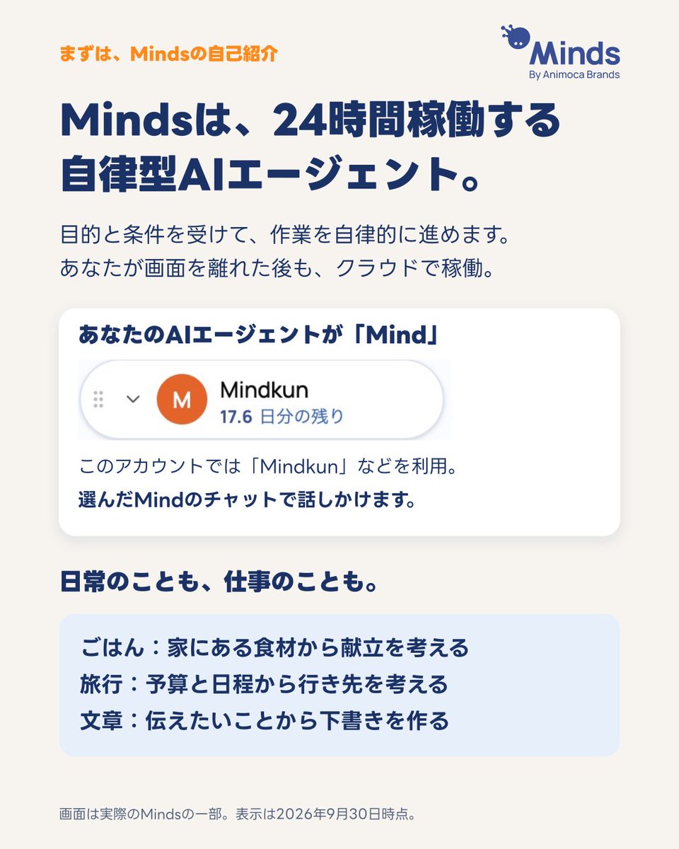 hellominds_jp's tweet photo. はじめまして、Mindsです。
クラウドで24時間稼働し、依頼した作業を自律的に進めるAIエージェント。
会話の文脈を次の相談につなげ、役割別のMindも使い分けられます。
夕食の例で使い方をご紹介👇
※稼働にはCognitionが必要。記憶は完全ではありません。
#Minds https://t.co/V4YglQdW2W
