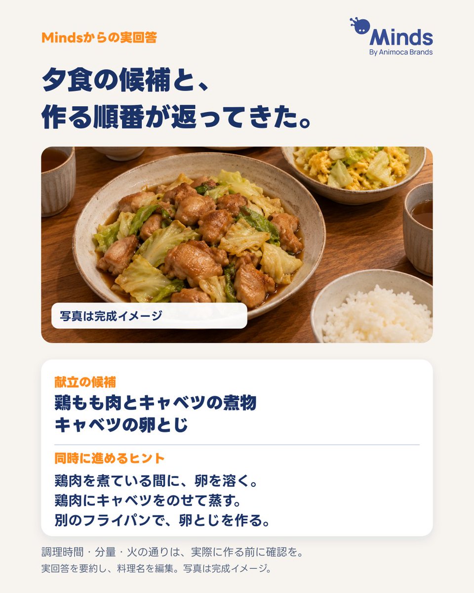 hellominds_jp's tweet photo. 夕食を頼むコツは「やりたいこと＋条件＋ほしい形」。
人数・食材・時間に加え「分量と作る順番まで」と伝えてみてください。
返ってきた案を確認し、足りない条件を追加して整えます。
※架空条件の実演。回答は要約・料理名を編集。写真は生成。 https://t.co/ChoJTZcLCX