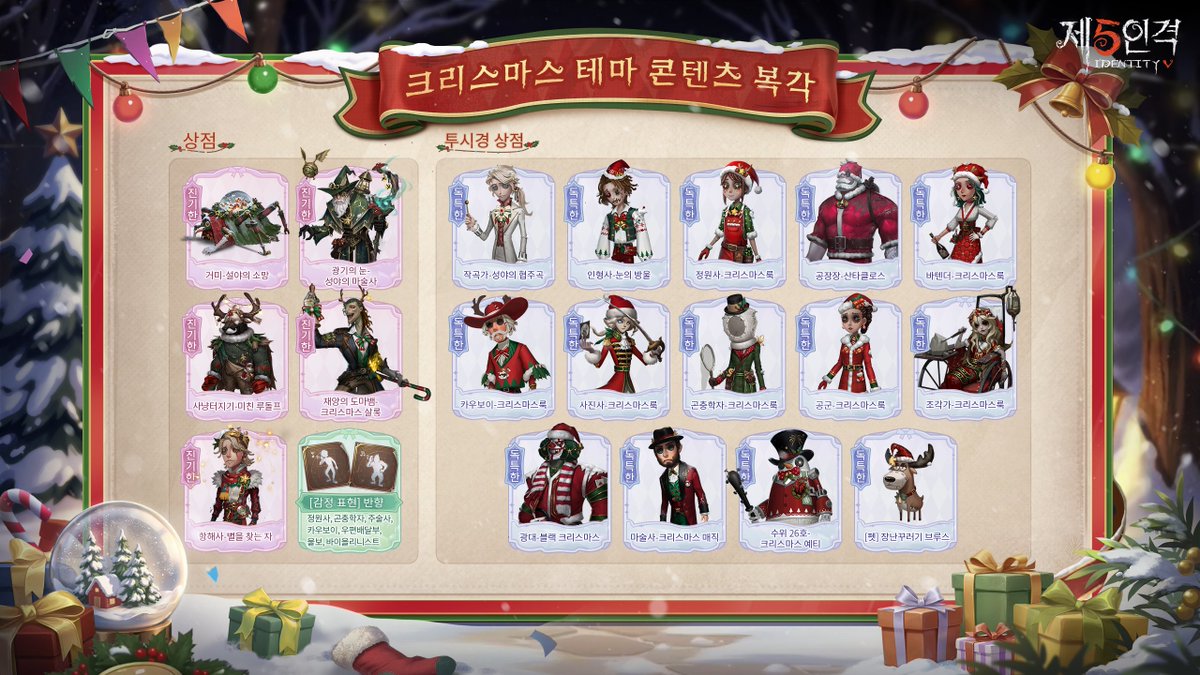 identity5kr's tweet photo. 기간 한정 1V4 모드가 다시 찾아온다네~
수위 26호와 거미 산타 팀에 합류했다네~

게다가 직접 스킬을 사용하면서
획득한 보너스 스킬도 동시에 사용할 수 있다네~

과거 스킨과 가구도 복각!

제5인격에서 보내는 크리스마스가
너무 기대된다네~

#제5인격
#IdentityV https://t.co/mxJeD23XFZ