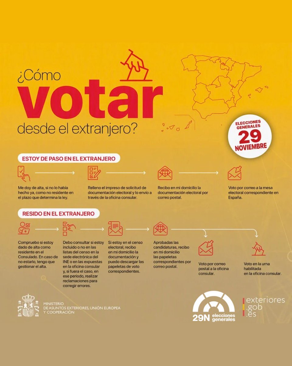 EmbSpainUK's tweet photo. 🗳️ #VotoERTA : si eres 🇪🇦, temporalmente en el extranjero y con derecho a voto en las #EleccionesGenerales del #29N, consulta el #VotoExterior . 

🗓️ Hasta el 31 de octubre, puedes solicitar en tu Consulado el envío de la documentación. 

ℹ️https://t.co/wLY6aDFTzv https://t.co/sq8LyIazcZ