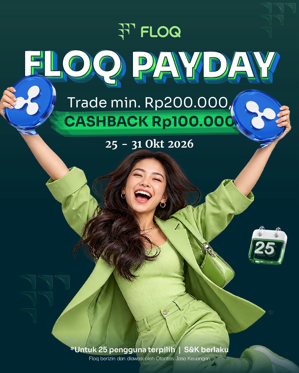 floq_id's tweet photo. FLOQ PAYDAY IS HERE!

Trading minimal Rp200.000, bisa dapetin cashback Rp100.000 dalam bentuk RLUSD? 👀

Yuk, ikutan FLOQ Payday periode 25–31 Oktober 2026!

Cara ikutannya gampang:

•Isi form di https://t.co/XO7q6JlmZz
•Trading minimal Rp200.000 di token apa pun selama periode promo.
•Dapatkan kesempatan menjadi salah satu dari 25 pengguna terpilih yang berhak menerima RLUSD senilai Rp100.000!

Jangan sampai kelewatan kesempatan payday kali ini, Sahabat FLOQ! 

S&K berlaku.

#FLOQ #FLOQPayday #CryptoIndonesia #RLUSD #TradingCrypto
