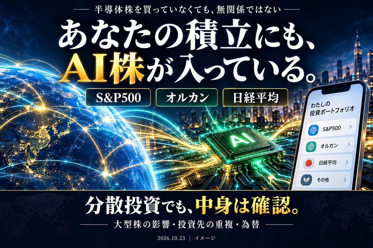 taroin_x's tweet photo. 「半導体株は持っていないから関係ない」
S&P500やオルカンを積み立てている人も、今日のニュースは他人事ではない。

10月23日朝に終わった米国市場。
S&P500は約1.2％安、ナスダック総合は約2.6％安。

一方、ダウ平均は小幅高だった。

ここが面白い。
「米国株が全部ダメになった」という日ではないのに、私たちがよく見る指数は大きく下がった。

背景の一つは、AIへの巨額投資に対する不安。
その影響は、半導体の個別株を持つ人だけに届くわけではない。

NISAで積み立てている人にも関係する理由を、５つに分けて整理する。

①S&P500は「500社に同じ金額」ではない

名前を聞くと、500社へ均等に分散しているように感じる。
でも、実際は投資家が売買できる株式の時価総額を基準に、会社ごとの比率が決まる。

つまり、大きな会社ほど指数への影響も大きい。

仮に、ある会社の構成比が７％で、その株が10％下がれば、他の条件が同じなら指数を約0.7％押し下げる。
これは説明用の例で、特定企業の現在の比率ではない。

たくさんの会社に分散していても、値動きへの影響力まで均等になるわけではない。

「500社持っている」と「特定の大型株の影響が小さい」は、同じ意味ではないのだ。

②オルカンも、国ごとの均等割りではない

オルカンは、日本を含む先進国・新興国の株式へ広く投資する商品。
ただし「世界中の国に同じ金額ずつ投資する」という仕組みではない。

連動対象の指数は、時価総額を基準に構成される。
だから米国の大型企業の値動きも、運用成績に関係する。

世界に分散する意味はある。
それでも、米国のAI関連企業が売られる日に、オルカンだけ無傷とは限らない。

ここで確認したいのは「どの国の商品か」より、「中に何が、どれくらい入っているか」だ。

③S&P500とオルカンを両方持っても、中身は重なる

これは意外と見落としやすい。

S&P500を買う。
オルカンも買う。
さらにNVIDIA $NVDA や米国ハイテク株を買う。

商品名は別々でも、同じ企業への投資が重なる場合がある。

それ自体が悪いわけではない。
米国や特定企業を多めに持ちたいなら、意図に合った組み合わせになり得る。

ただ、「３つの商品を買ったから、リスクも３方向に分かれた」とは限らない。

商品数や口座数を数えるだけでなく、中身を足して見る。
今回のような相場は、その確認をするきっかけになる。

④日経平均も「日本企業全体の平均点」とは少し違う

日経平均は、株価に所定の調整を加えて算出する指数。
S&P500とは計算方法が異なり、すべての構成銘柄が同じ力で動かすわけではない。

だから、ニュースで日経平均の下落を見ても、日本企業すべての状況が同じだけ悪化したとは言えない。

見るべきなのは、何が指数を押し下げたか。
自分の持つ商品と、その要因がどれくらい重なるか。

米国ではS&P500が下がる一方、ダウは小幅高。
同じ国の株でも、指数によって見える景色は変わる。

「株が下がった」の一言を、もう少し細かく読む意味がある。

⑤日本の投資家には、為替というもう一つの変動要因がある

米国株のニュースで見る騰落率と、日本の投資信託の基準価額は、そのまま一致するわけではない。

オルカンは原則として為替ヘッジを行わない。
外国株の価格に加えて、為替の変動も円換算した価値に影響する。

一般に、外国株が同じ価格でも円高は円換算の価値を押し下げ、円安は押し上げる方向に働く。

だから、米国株が下がった日に自分の投信が同じ割合で下がらなくても、不思議ではない。
評価に使う市場の時点にも違いがある。

ここからは私の見方。

今日のニュースを見て、すぐ積立を止める必要があるとは思わない。
一方で、「長期だから何も確認しなくていい」とも思わない。

確認したいのは３つ。
近いうちに使うお金まで投資していないか。
下落しても続けられる金額か。
自分が何に投資しているか、説明できるか。

積立は買う時期を分ける方法。
株式の値下がりそのものをなくす仕組みではない。

それでも、中身とリスクを理解して持つことには意味がある。
下落のたびに、知らなかった事実に驚かずに済むからだ。

今回広めたいのは「NISAが危ない」という話ではない。

NISAは制度。
値動きを決めるのは、その中で買った商品の中身。

「個別株を買っていないから、企業ニュースは関係ない」
そう思っている投資仲間に、この話を共有してほしい。

あなたの積立の中にも、世界のAI競争が入っている。

$NVDA