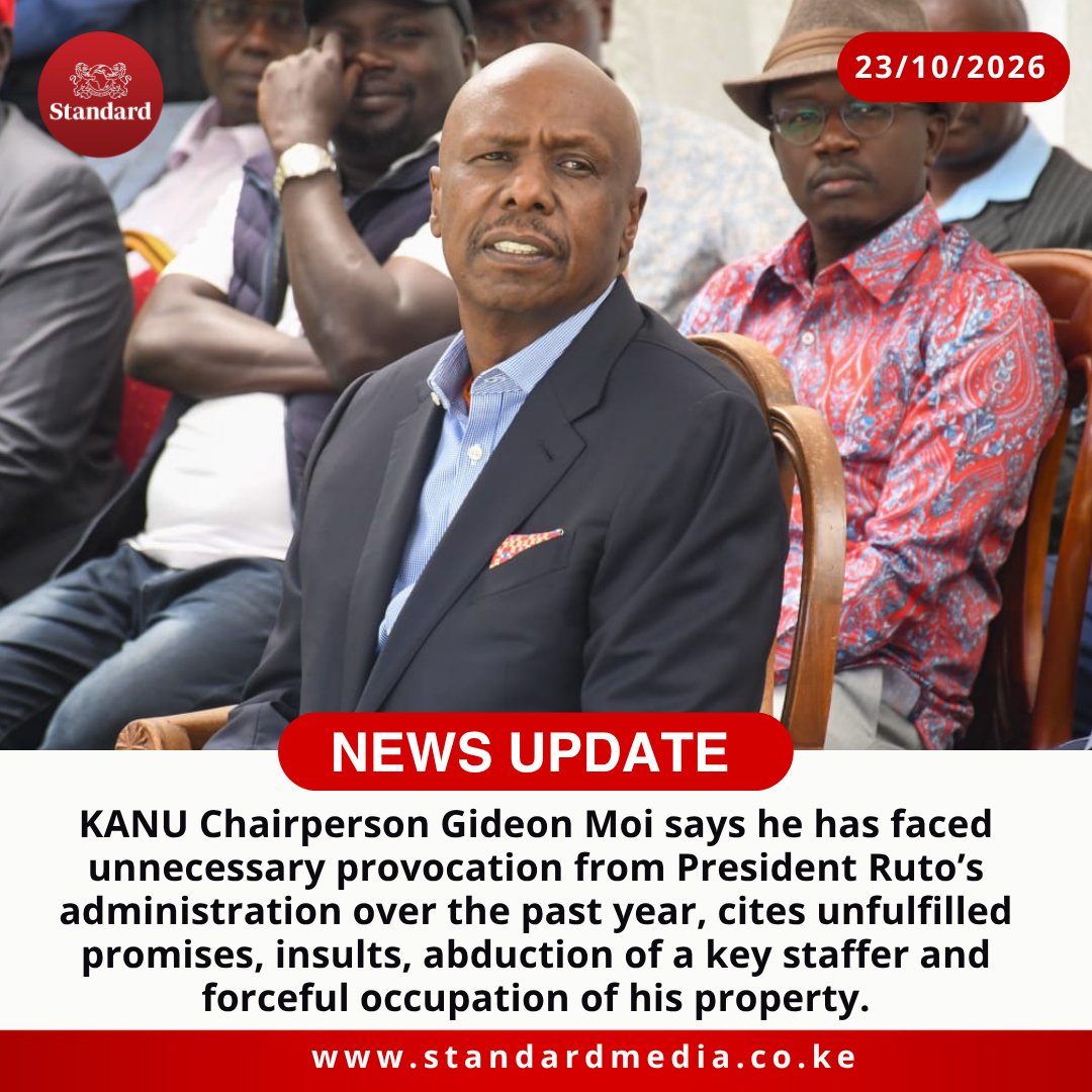 StandardKenya's tweet photo. KANU Chairperson Gideon Moi says he has faced unnecessary provocation from President Ruto’s administration over the past year, cites unfulfilled promises, insults, abduction of a key staffer and forceful occupation of his property. https://t.co/jipO22YW5V