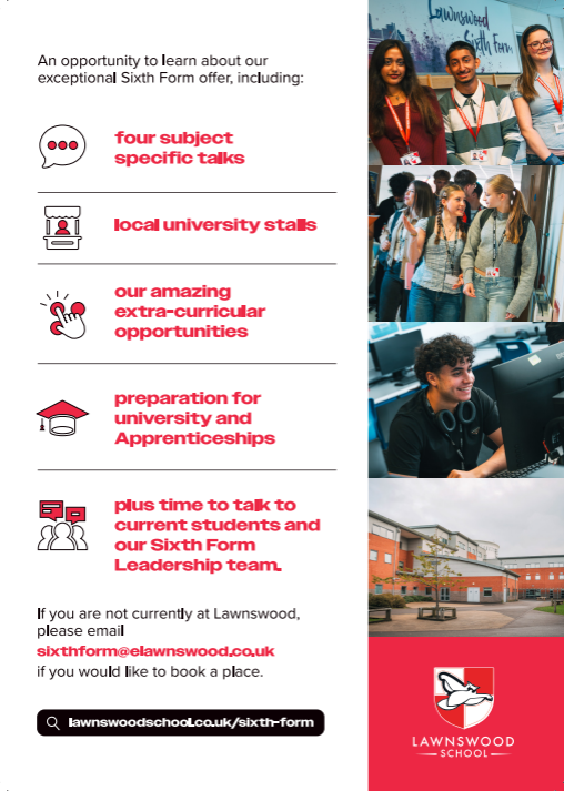 lawnswoodschool's tweet photo. All are welcome to join us for our #SixthForm open evening on 12/11/26 at 17:00 - hear subject talks; speak to university representatives; talk to current students about subjects, pastoral support, & extracurricular opportunities; meet the team #WeAreLawnswood https://t.co/qc6EeUuLsP