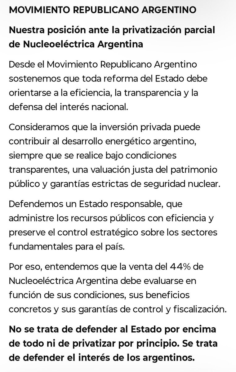 movRArgoficial's tweet photo. comunicado oficial del Movimiento Republicano Argentino (MRA) sobre la venta del 44 % de las acciones de Nucleoeléctrica Argentina S.A.
#Argentina #MRA https://t.co/S6VMUOJvbB