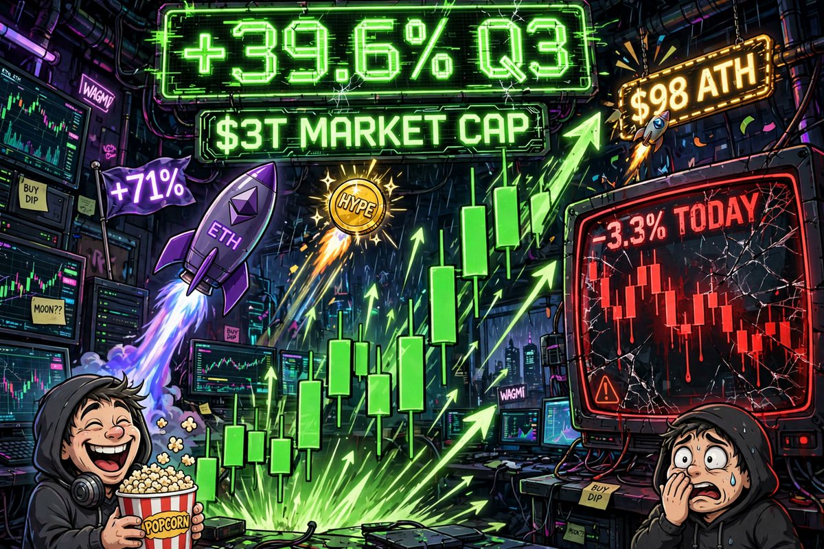 cloveryzt's tweet photo. q3 recap just dropped: crypto +39.6%, market cap back at $3T. biggest green quarter in 2 years. eth ran 71%, hype hit $98 ATH. and today? btc -3.3% to $81k. the market hands you tips then takes them back bro lol https://t.co/oqKrzBVPN7