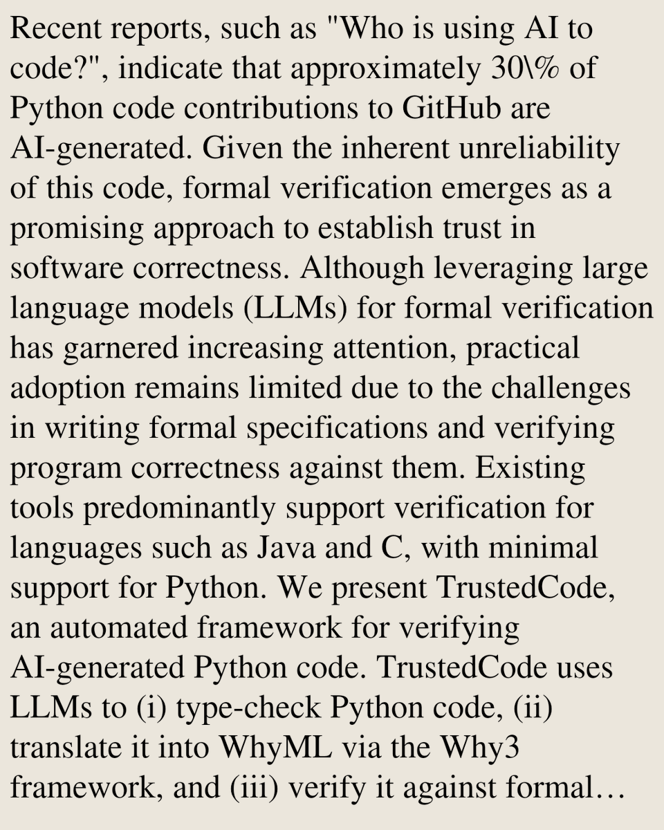 ComputerPapers's tweet photo. TrustedCode: Evaluating Large Language Models for Developing Trusted Code through Automated Program Verification

Muhammad Danial, Muhammad Taimoor Khan
https://t.co/0bV10HEj6B [𝚌𝚜.𝚂𝙴 𝚌𝚜.𝙻𝙾 𝚌𝚜.𝙿𝙻] https://t.co/0Hxk2t4VHh