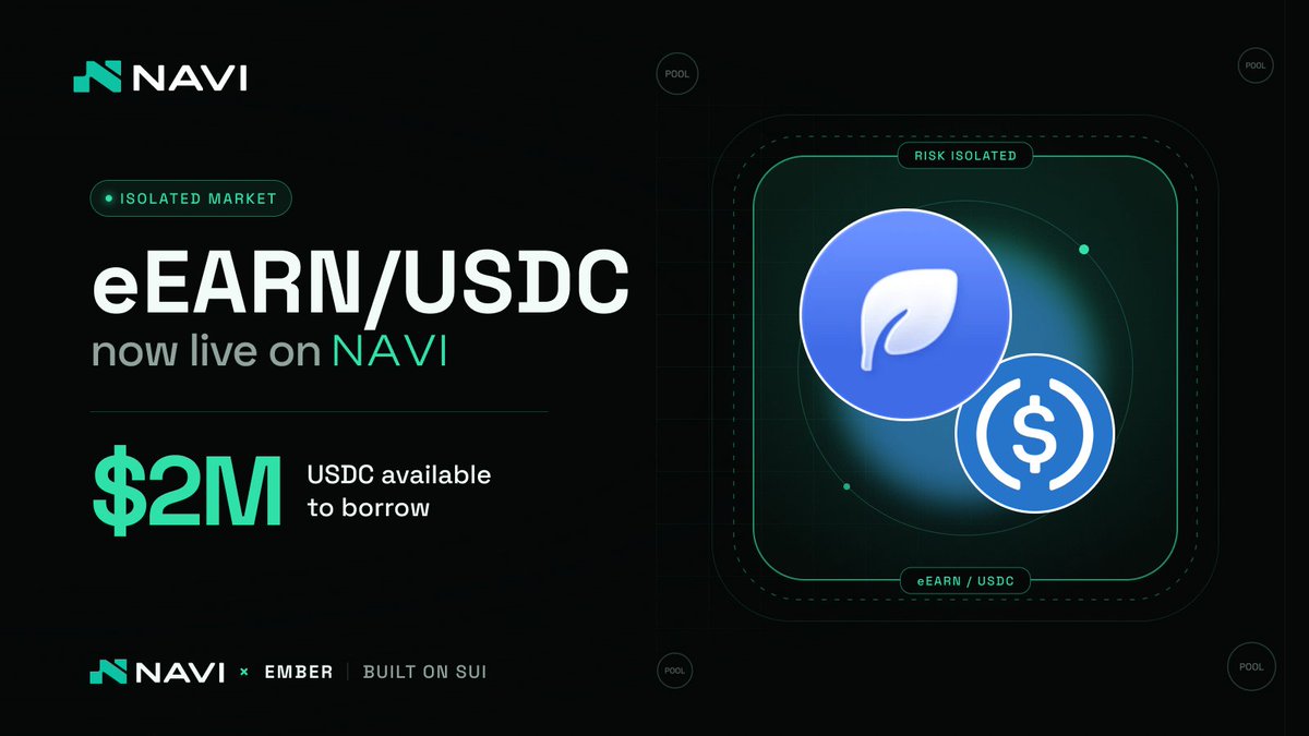 navi_protocol's tweet photo. The eEARN/USDC isolated market is now live on NAVI

Supply eEARN, Ember's curated USDC yield vault, as collateral and borrow USDC against it

$2M USDC is available to borrow from day one

Get started: https://t.co/QVG6EydmOA https://t.co/sx2rEowM6C