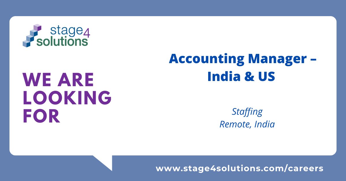 Stage4Solutions's tweet photo. Needed: Accounting Manager – India &amp; US (Remote, India)
To learn more and to apply, please go to: https://t.co/MKSoX8cdLe (Please apply to the Accounting Manager – India &amp; US (Remote, India)) role
#hiring
#careeropportunities https://t.co/H9lDdc1ilS