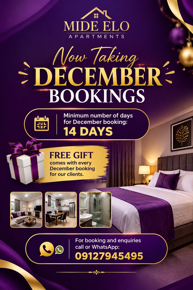mide_elo's tweet photo. Tell a friend to tell a friend! We are now taking December bookings!!!

https://t.co/z1dqfpsUsA

#airbnbinlagos #decemberinlagos #shortletinlagos https://t.co/8N6nHxBMtP