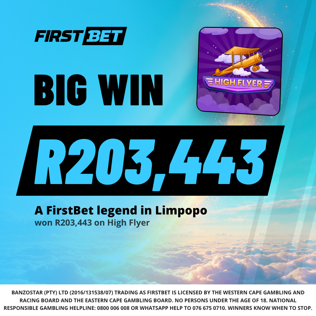 FirstbetSA's tweet photo. ✈️ Another high flyer in Limpopo! A FirstBet legend just won R203,443 on High Flyer. Congrats! 🎉

#FirstBet
18+ only. Play responsibly. T&amp;Cs apply. https://t.co/dk2mMeihlf