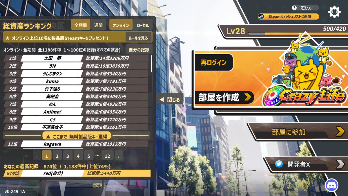 ADMILAL__'s tweet photo. 🎁 総資産ランキングTOP10に製品版プレゼント！

Crazy Lifeの総資産ランキングで、
10/27 2:00時点の上位10名に『Crazy Life』製品版Steamキーをプレゼントします！🏆

【賞品対象】
・2人以上のオンラインプレイ
・何度でも挑戦OK！
・ゲーム内の通常機能を使った協力・妨害もOK！

現在のTOP10ボーダーは
💰総資産 6億3161万円！
友達と一緒にTOP10を目指してみてください！

👇体験版はSteamで無料プレイ中
https://t.co/dgcozIuT1S
 #SteamNextFest 　#クレイジーライフ