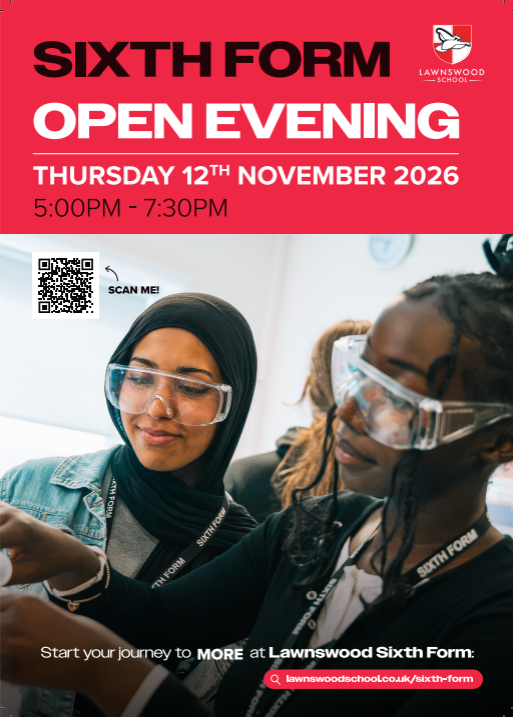 lawnswoodschool's tweet photo. All are welcome to join us for our #SixthForm open evening on 12/11/26 at 17:00 - hear subject talks; speak to university representatives; talk to current students about subjects, pastoral support, & extracurricular opportunities; meet the team #WeAreLawnswood https://t.co/qc6EeUuLsP