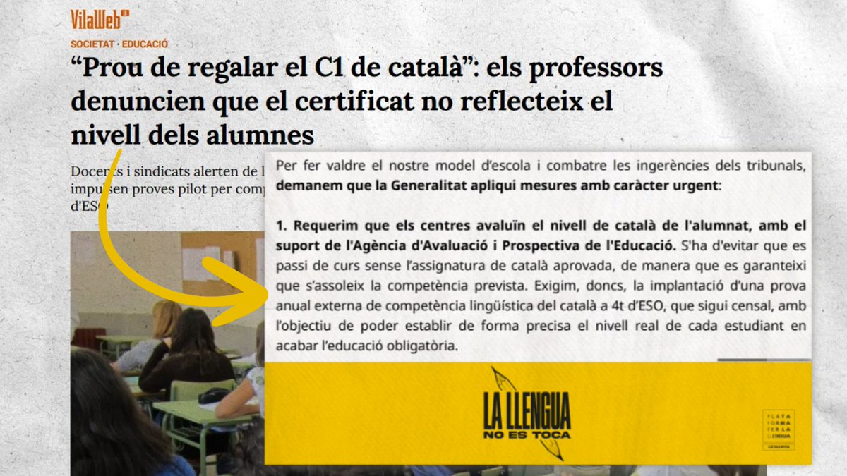 llenguacat's tweet photo. ❗ El certificat de català ha de correspondre al coneixement real de la llengua. Cal garantir que tot l’alumnat acabi l’ESO amb la competència prevista.

📢 És el que reclamem al primer punt del manifest «A l’escola catalana, la llengua no es toca!». Fil 🧵