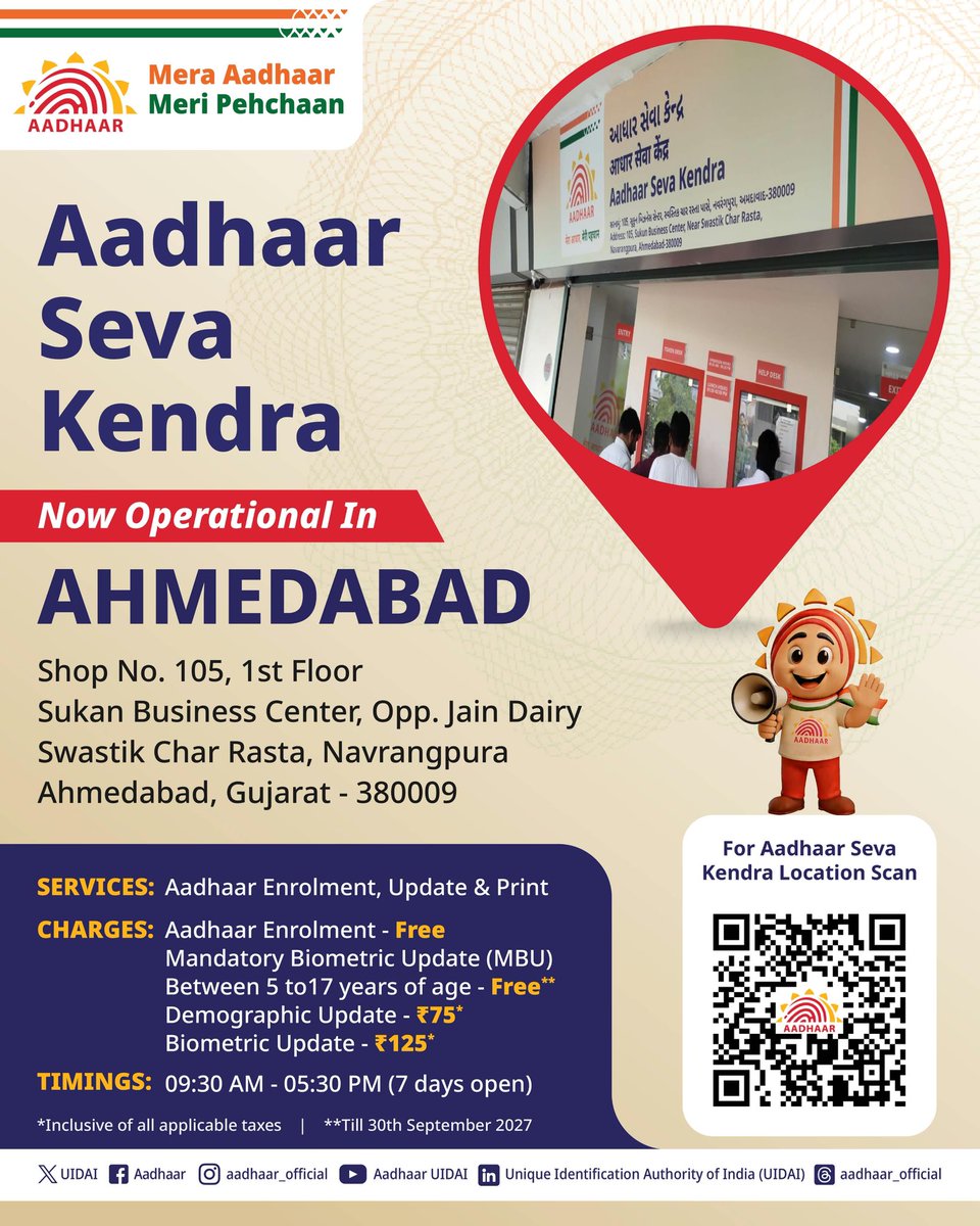 UIDAI's tweet photo. Bringing Aadhaar services closer to the residents of Ahmedabad.

The Aadhaar Seva Kendra offers Aadhaar enrolment, updates, and other Aadhaar services—all under one roof for your convenience.

Timings: 9:30 AM – 5:30 PM
Open all 7 days
Scan the QR code to locate the centre

#AadhaarSevaKendra #Aadhaar #UIDAI #Ahmedabad #AadhaarServices