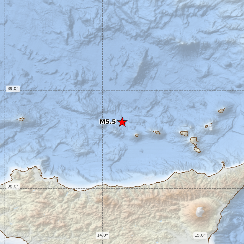 QLARM's tweet photo. [Automatic, not verified!] EARTHQUAKE M5.5. Origin Time: 2026-10-23 10:19:17 UTC, Tirreno Meridionale [Mare] (38.68 ; 14.20), Depth: 10 km, source: GFZ. Estimated fatalities: 0 to 0, injured: 0 to 0. #earthquake #quake https://t.co/43Y2b440LV