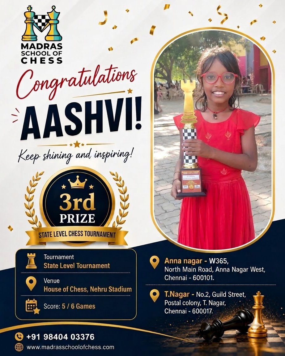 madraschess's tweet photo. Congratulations to Aashvi on winning 3rd Prize in the State Level Chess Tournament! 
 At Madras School of Chess, one of the best chess academies in Chennai, we’re proud to see our students grow and achieve more.
#MadrasSchoolOfChess #ChessAchievement  #YoungChessChampion https://t.co/PjfMsc2dfq