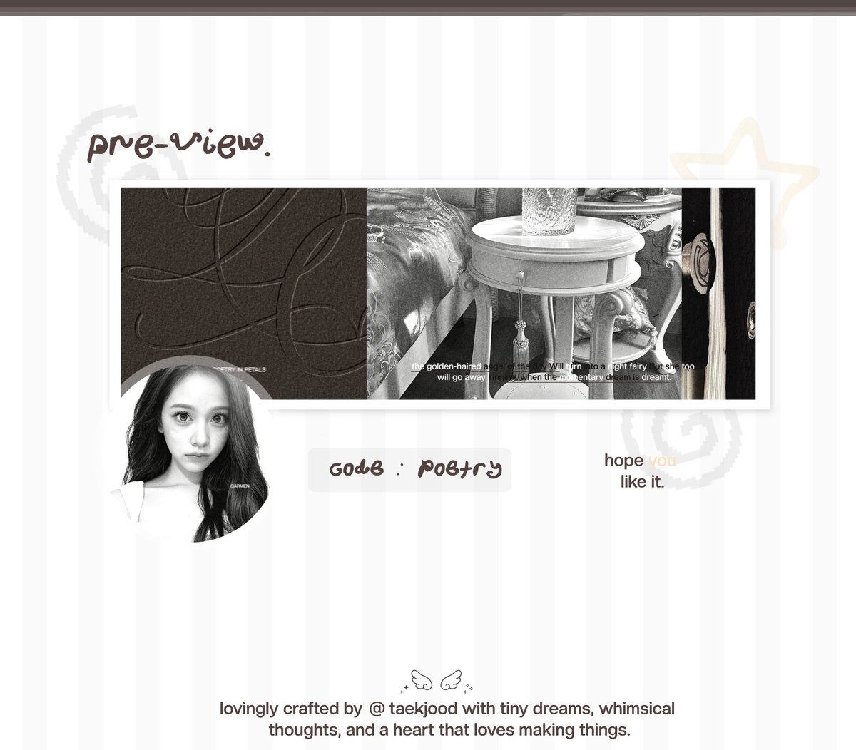 taekjood's tweet photo. help repost ya, timakasii. <3

halo aku ada layout ready stock carmen pakai foto terbarunya ini pricenya https://t.co/7h4kuz9rQf ava png only free retext nick ya, bisa take langsung dm aku atau chat ke tele ada di bio aku. 🤍
#bealanja https://t.co/PV0I5XUZ5G
