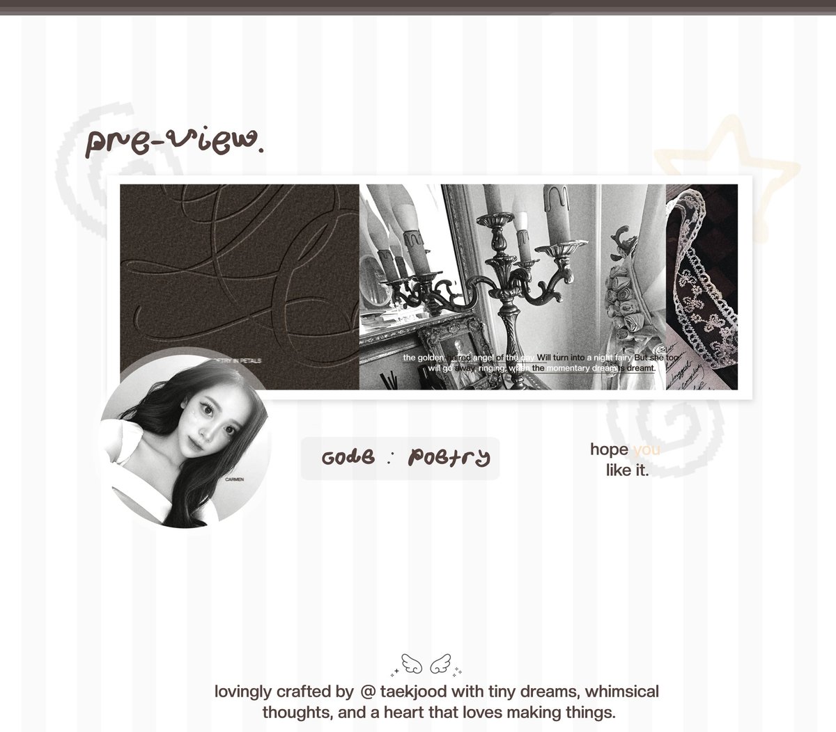 taekjood's tweet photo. help repost ya, timakasii. <3

halo aku ada layout ready stock carmen pakai foto terbarunya ini pricenya https://t.co/7h4kuz9rQf ava png only free retext nick ya, bisa take langsung dm aku atau chat ke tele ada di bio aku. 🤍
#bealanja https://t.co/PV0I5XUZ5G