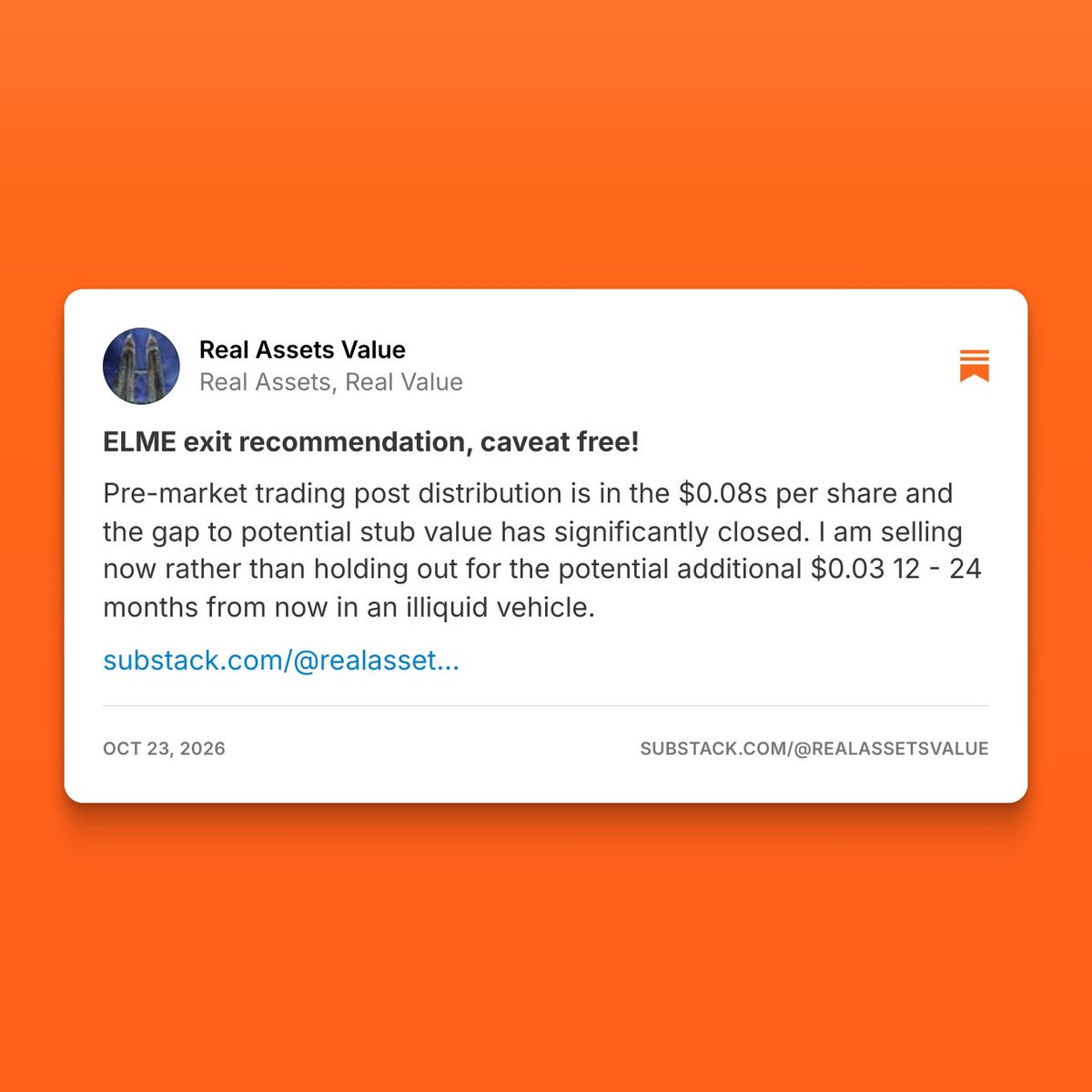 RealAssetsValue's tweet photo. Post distribution, $ELME spread to potential stub value has closed significantly base on pre-market prices. I’m taking the money and running! https://t.co/WMccvennB1